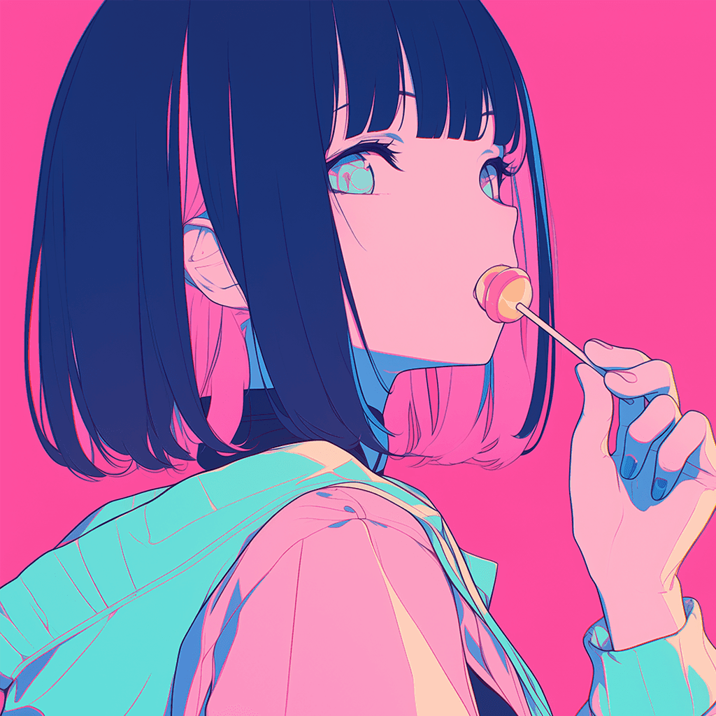 ロリポップキャンディを口に含む黒髪の女の子のイラストアイコン