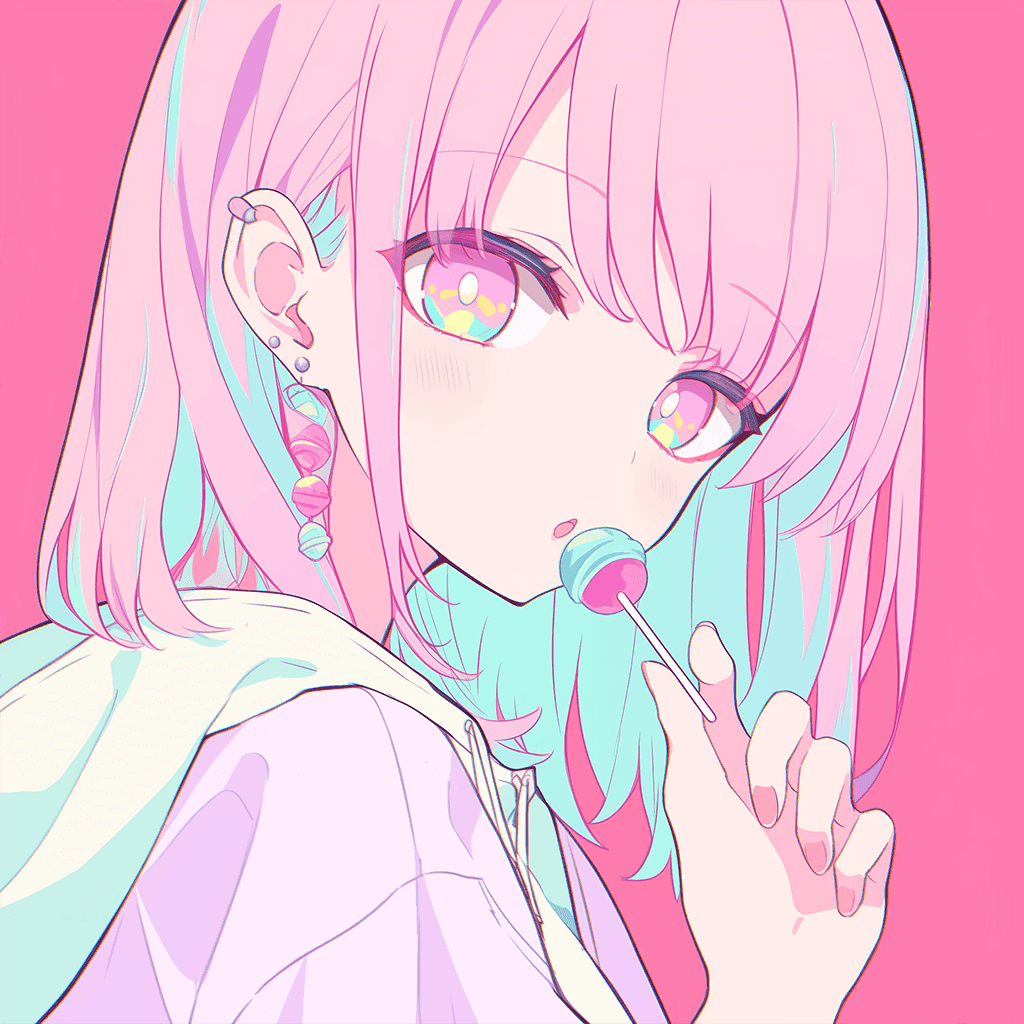 ロリポップキャンディを口に含むピンク髪の女の子のイラストアイコン