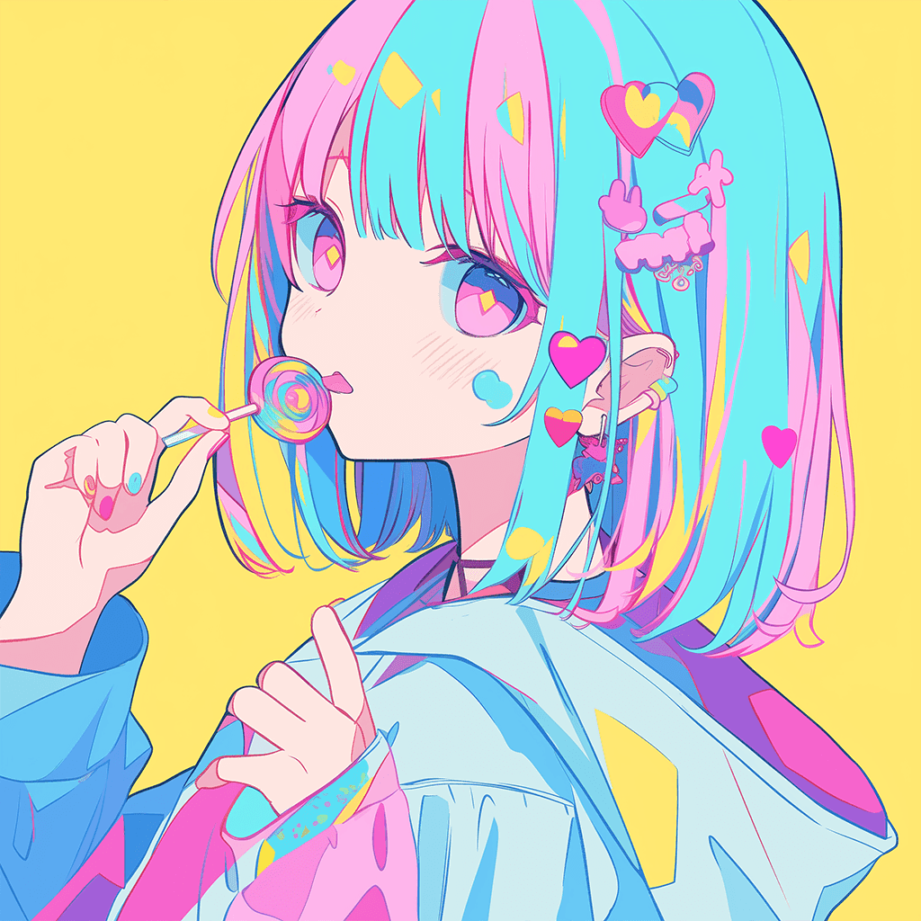 ロリポップキャンディを舐めるカラフルな女の子のイラストアイコン