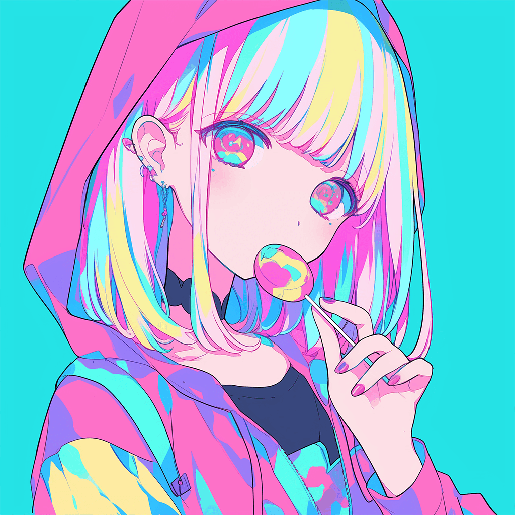 ロリポップキャンディを口にするカラフルな女の子のイラストアイコン