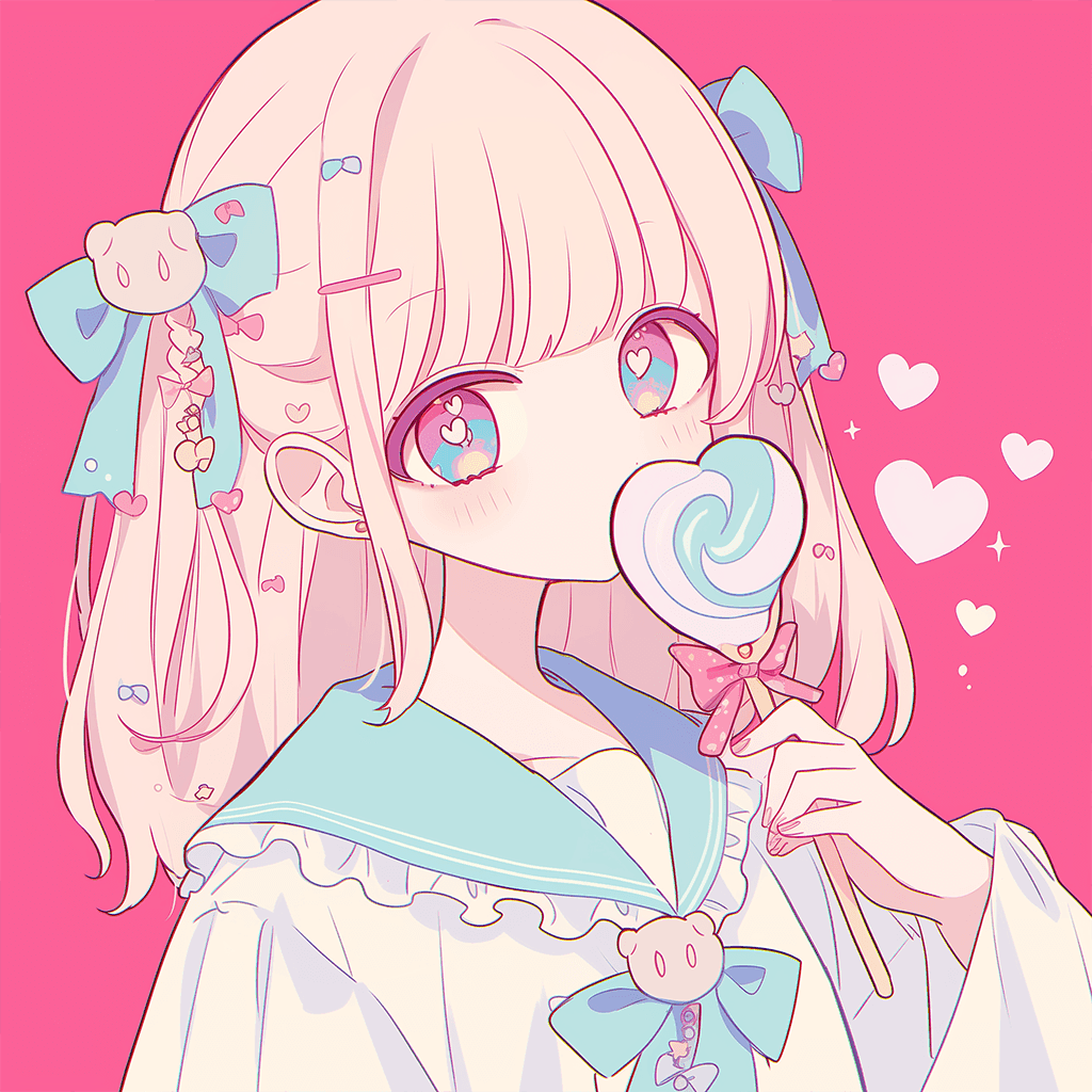 ハートのロリポップキャンディを口にする幼い女の子のイラストアイコン