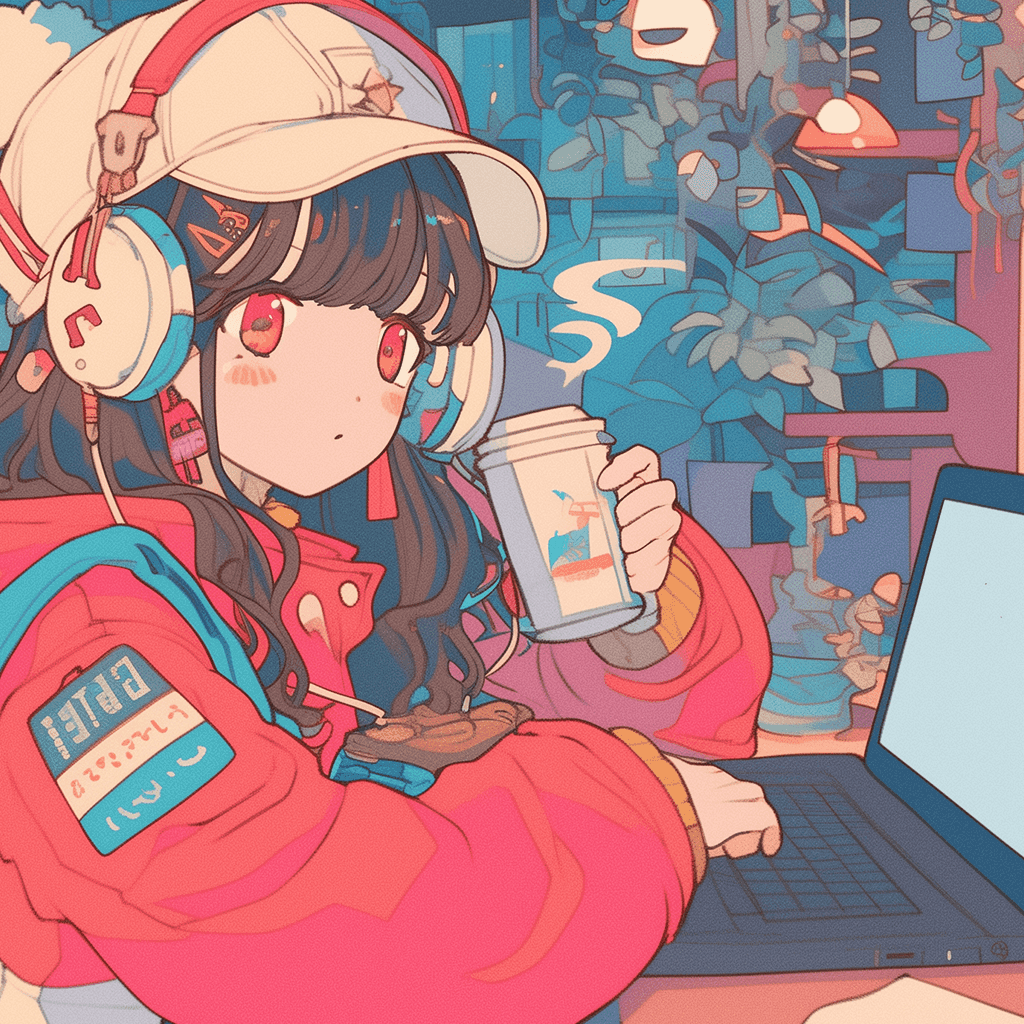 パソコン作業しながらコーヒーを飲む女の子