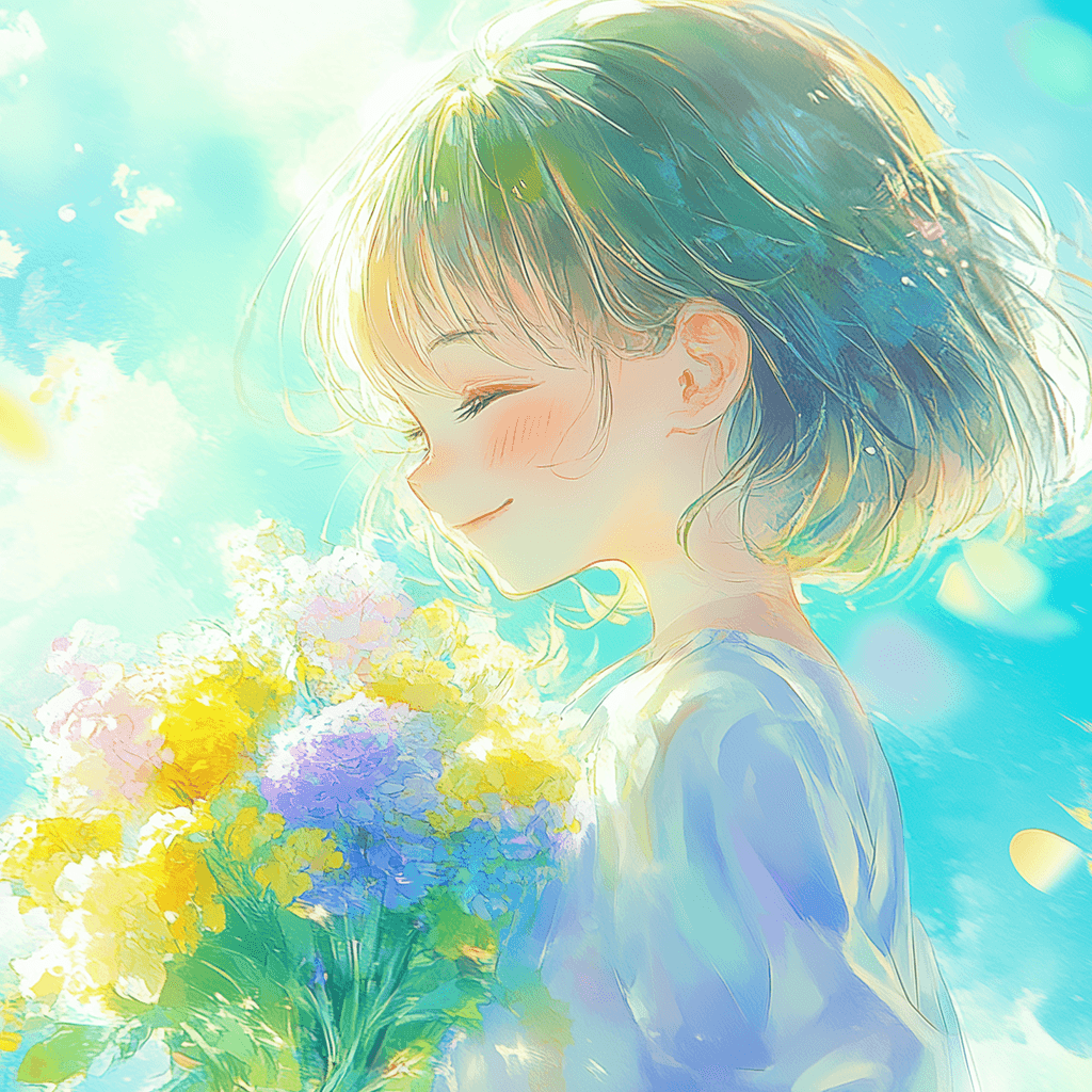 花束を抱えた笑顔の女の子のフリーアイコン