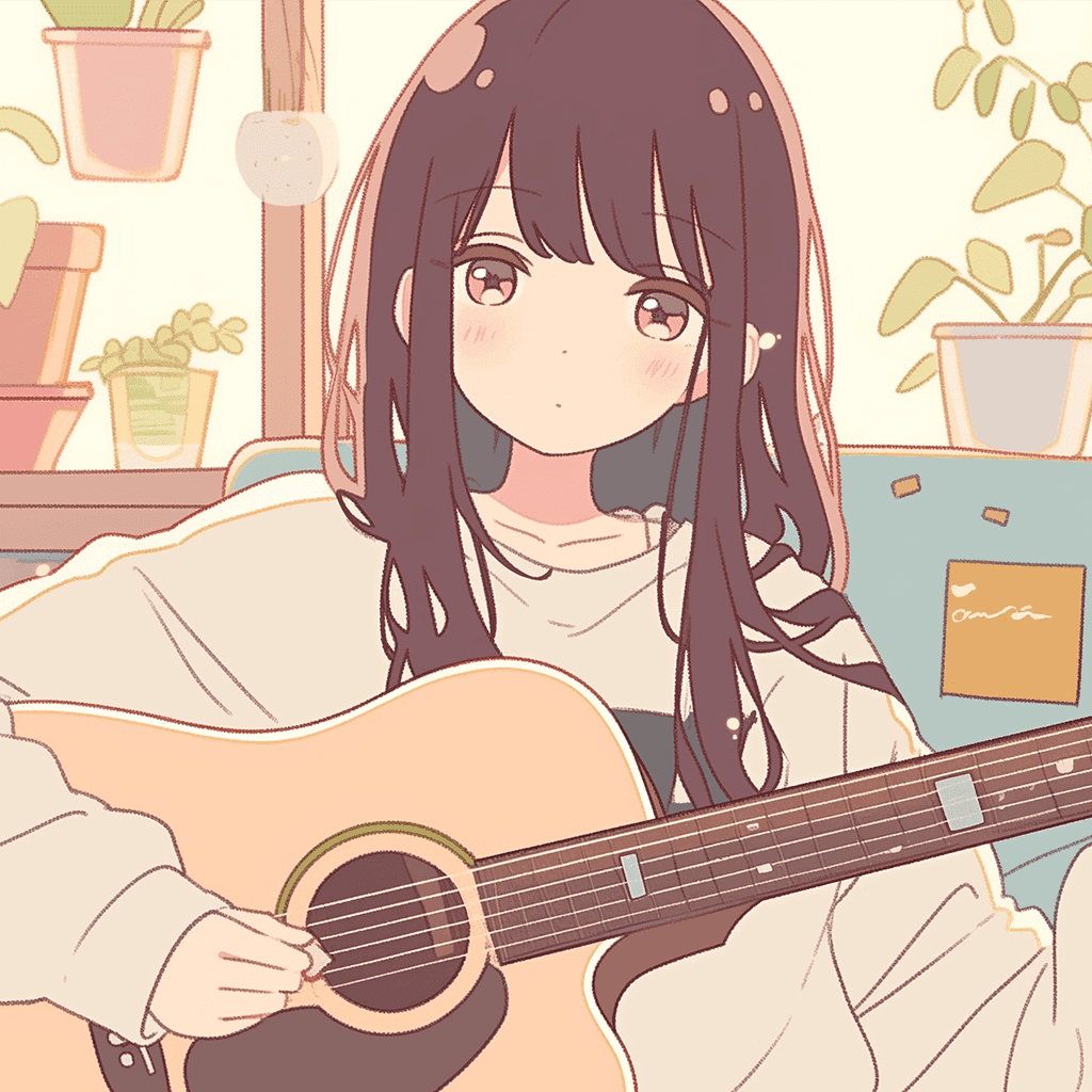 部屋でギターを弾く女の子のフリーアイコン